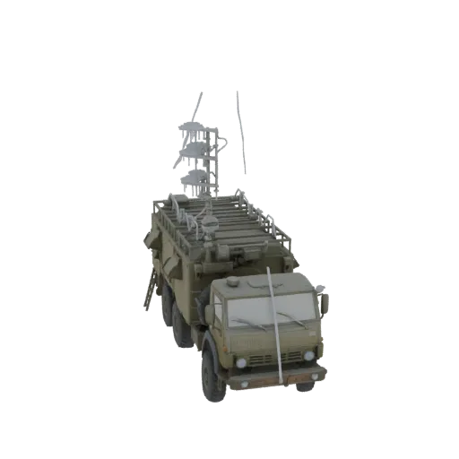 3D модель зеленого военного грузовика с высокой сложной антенной на крыше, вид спереди под углом три четверти.