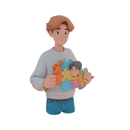 3D модель мультяшного мальчика с каштановыми волосами, держащего цветные детали пазла, формирующие лицо другого мальчика.