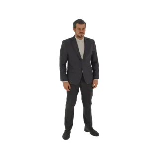 3D модель мужчины в темном костюме и белой рубашке, стоящего с руками по бокам.