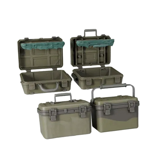3D-модель военного ящика для инструментов, вид спереди в три четверти, в окне просмотра Unity, показывающая пластик, пригодны