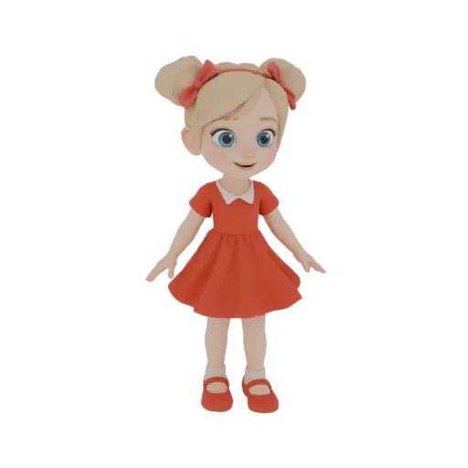 3D модель милой мультяшной девушки со светлыми хвостиками, голубыми глазами и красным платьем, стоящей и улыбающейся.
