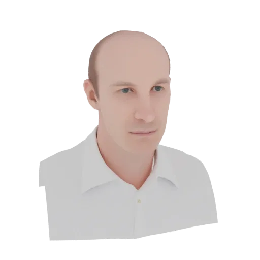 Рендер 3D модели лысого мужчины в белой рубашке с воротником, вид спереди, нейтральное выражение лица.