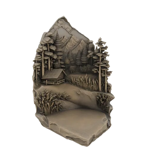 3D модель деревенской хижины в горном лесу с соснами, высокой травой и скалами.