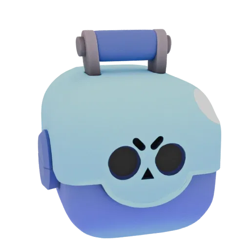 3D модель Ящика с добычей Brawl Stars, с синим верхом, фиолетовым низом и сердитым лицом с черными глазами и треугольным носо
