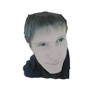 3D модель стилизованного молодого человека с ярко-голубыми глазами, смотрящего немного в сторону, одетого в темную куртку.