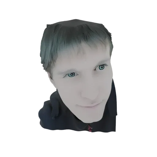 3D модель стилизованного молодого человека с ярко-голубыми глазами, смотрящего немного в сторону, одетого в темную куртку.