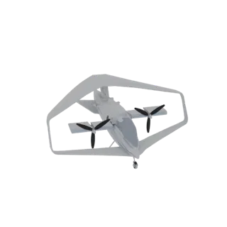 3D модель футуристического летательного аппарата VTOL с заметным кольцевым крылом и двумя пропеллерами, отрисованная в светло