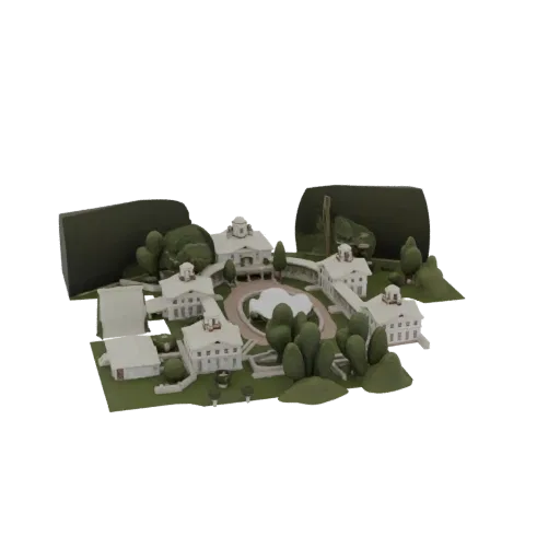 3D модель неоклассического поместья с центральным двором, белыми зданиями и стилизованными деревьями и садами.
