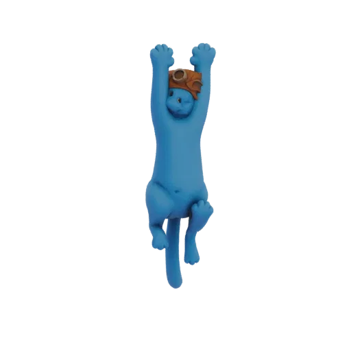 3D модель ярко-синего кота в коричневых очках-авиаторах, висящего вниз головой за передние лапы на белом фоне.