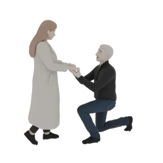 3D-модель мужчины на одном колене, делающего предложение женщине, которая стоит и смотрит на него с протянутыми руками.