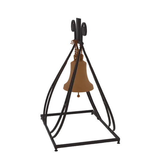 3D модель витиеватого бронзового колокола, висящего на темной металлической подставке с декоративными изгибами.