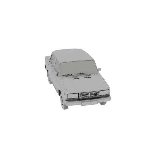 3D модель классической Lada VAZ 2107 Седан, вид с немного приподнятого передне-правого угла, отрендеренная в нейтральном серо