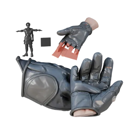 Высокополигональная 3D модель перчаток, студийный рендер крупным планом, показывающий металл, небольшой носимый силуэт.