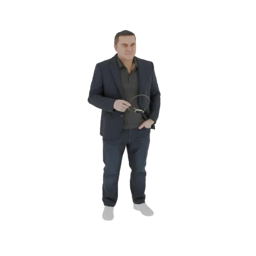 3D модель мужчины в темном костюме и джинсах, держащего очки, с рукой в кармане.