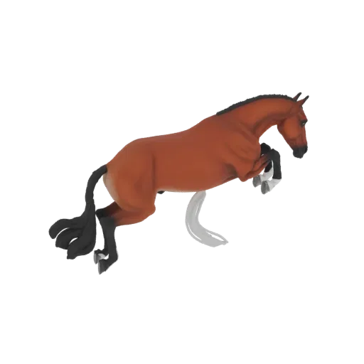 3D модель коричневой лошади в прыжке с поджатыми ногами.