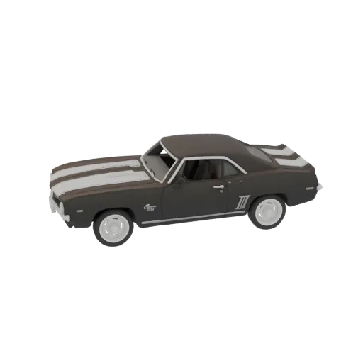 3D модель темно-серого маслкара Chevrolet Camaro SS 1969 с белыми гоночными полосами, вид сбоку.