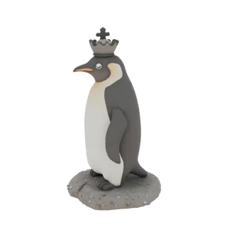 3D модель императорского пингвина в короне, стоящего на камне, с детализированным оперением и каменным основанием.