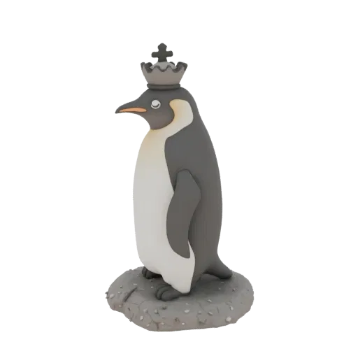 3D модель императорского пингвина в короне, стоящего на камне, с детализированным оперением и каменным основанием.