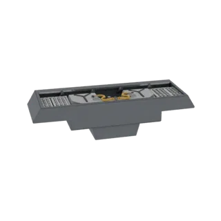 3D модель современной темно-серой газовой варочной панели со встроенными решетками и деталями желтых горелок