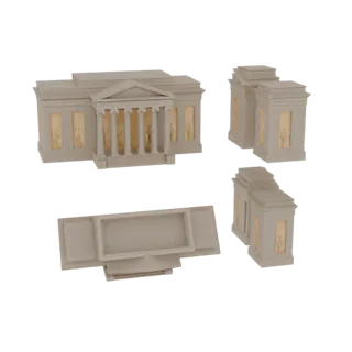 3D модель неоклассического здания музея с фронтоном, колоннами и двумя отдельными прямоугольными строениями, отрисованная на