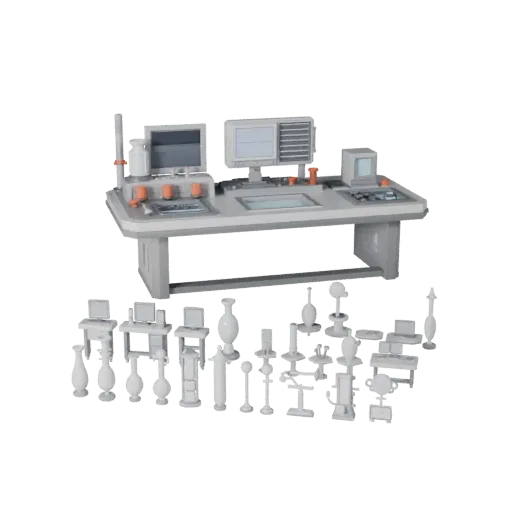 Низкополигональная 3D модель футуристического реактора, вид в игровом окне с трех четвертей, показывающий чистый металл, наст