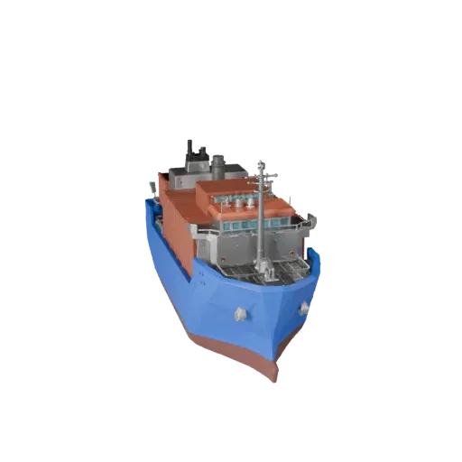 Низкополигональная 3D-модель контейнеровоза, вид из игрового окна в три четверти, низкополигональный актив транспортного сред