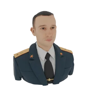 3D render of an AI-generated military officer bust wearing a dark blue uniform with gold epaulets and a red star insignia.