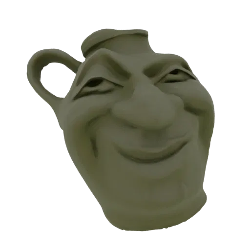 Рендер 3D модели зеленого, глиноподобного кувшина с широкой, ухмыляющейся рожей и ручкой.