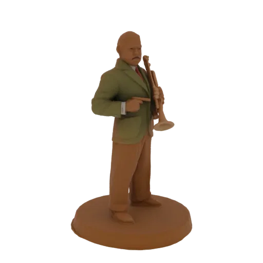 3D модель джазового музыканта в зеленом пиджаке и коричневых брюках, держащего кларнет и указывающего.