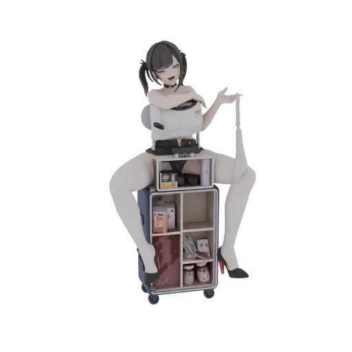 3D модель аниме девушки на синем багажном стеллаже с мелкими предметами
