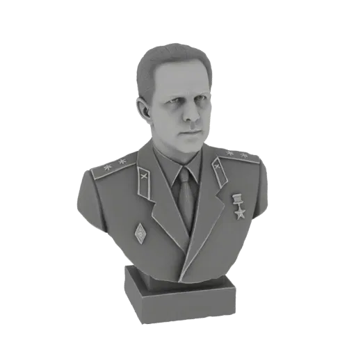3D рендер бюста советского военачальника в форме с медалями, на квадратном основании.