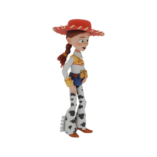 3D модель Джесси из Истории игрушек, женский персонаж с красной шляпой, заплетенными волосами и штанами с принтом под коровью
