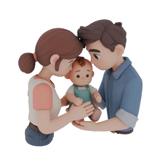 3D модель семьи: мама и папа нежно обнимают младенца, выполнены в стиле статуэтки берегини.