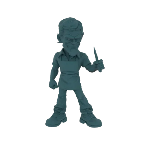 3D модель жуткого мясника с зловещей ухмылкой, в фартуке и с ножом.