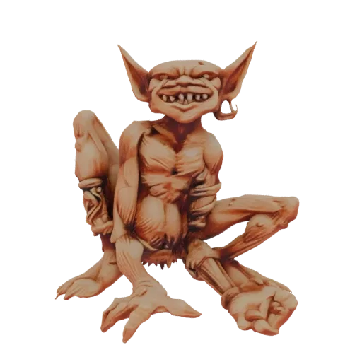 3D модель ухмыляющегося гоблина с шипастыми ушами, сидящего с широкой зубастой улыбкой и детализированной мускулатурой.