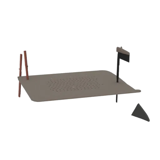 3D модель деревенской металлической решетки для костра с двумя деревянными опорами и маленьким флажком.