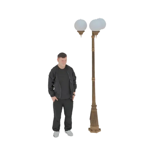 3D модель мужчины в черной куртке стоит у винтажного фонарного столба с двумя плафонами.