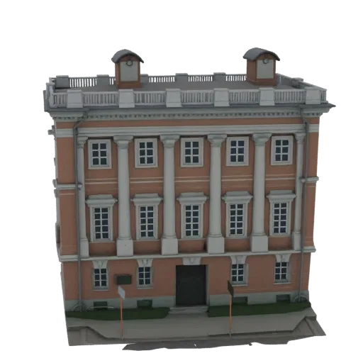 3D модель классического фасада здания в стиле барокко с лососево-розовыми стенами, белыми колоннами и декоративными обрамлени