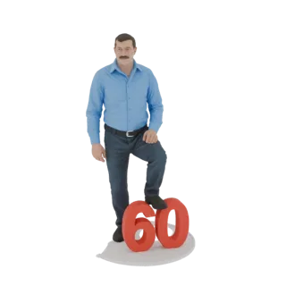 3D модель мужчины с усами в синей рубашке и джинсах, стоящего одной ногой на красных цифрах '60', на белом основании.