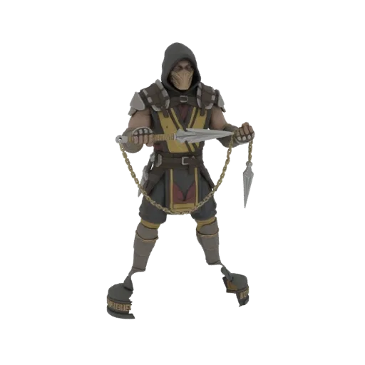 3D модель Скорпиона из Mortal Kombat в маске и костюме, держащего кунай на цепи.