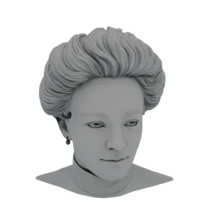 3D модель элегантной женской головы с детализированной прической и одной серьгой, вид спереди.