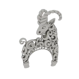 3D model of a stylized ram with intricate swirling filigree patterns covering its body and ornate, curled horns, presented on