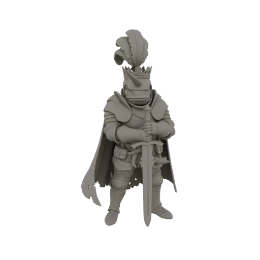 Рендер 3D модели Короля-рыцаря лягушки в короне и плаще, с мечом, на белом фоне.