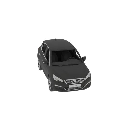 3D модель черного автомобиля Peugeot 308 (2010) с разных ракурсов, демонстрирующая детали экстерьера.