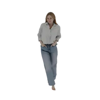 3D модель молодой женщины с светлыми волосами, одетой в светло-голубую рубашку на пуговицах и джинсы, идущей с руками в карма