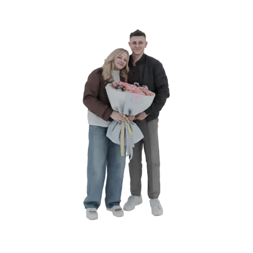 3D модель молодой пары, женщины и мужчины, стоящих вместе и держащих большой букет розовых и оранжевых цветов.