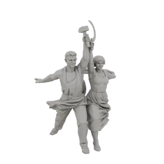 3D-модель памятника «Рабочий и колхозница», рабочий и колхозница держат серп и молот.