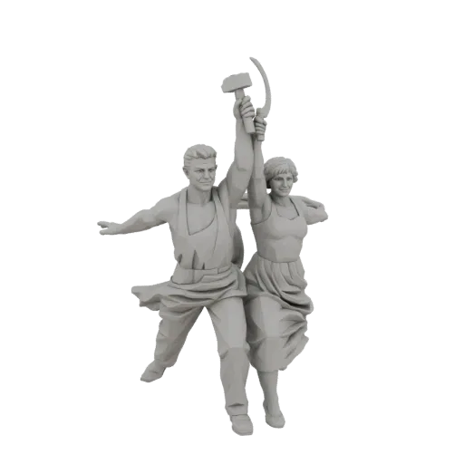 3D-модель памятника «Рабочий и колхозница», рабочий и колхозница держат серп и молот.