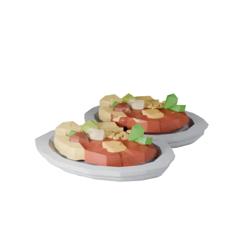 Низкополигональная 3D модель Миски супа, вид с трех четвертей в игровом окне, показывающий соусы, композицию блюда.