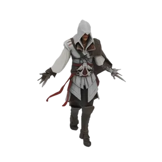 3D модель Эцио Аудиторе из Assassin's Creed в культовом бело-красном наряде с поднятым капюшоном, в динамичной боевой позе.